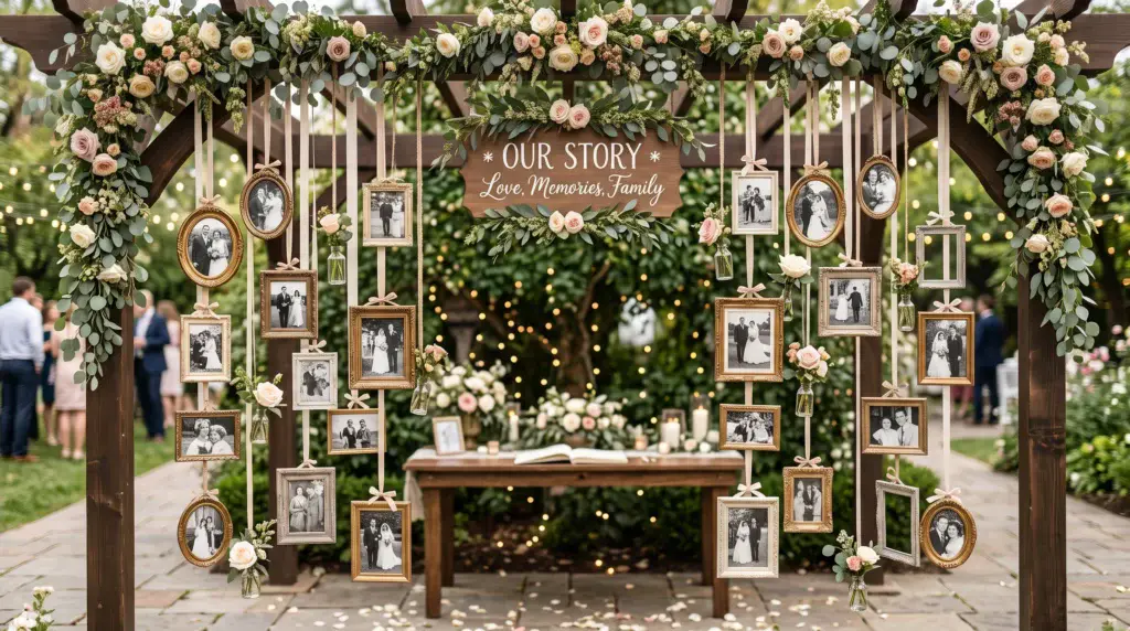 Hanging frames and photo collage wedding backdrop with personal photos